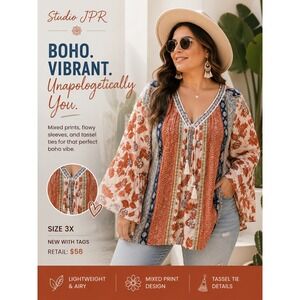 NEW Studio Woman Tunic Top 3X‎ Rust Blue Mixed Print Boho Tassel Bell Sleeve
